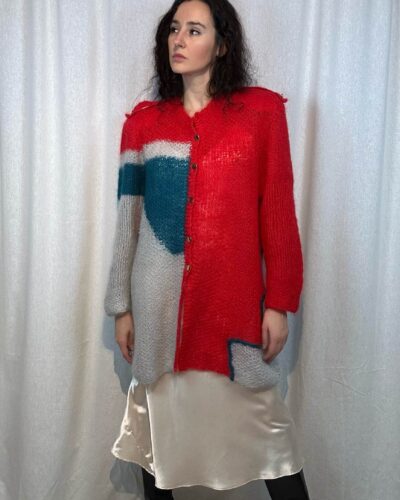 Rare apple red hand-knitted mohair cardigan