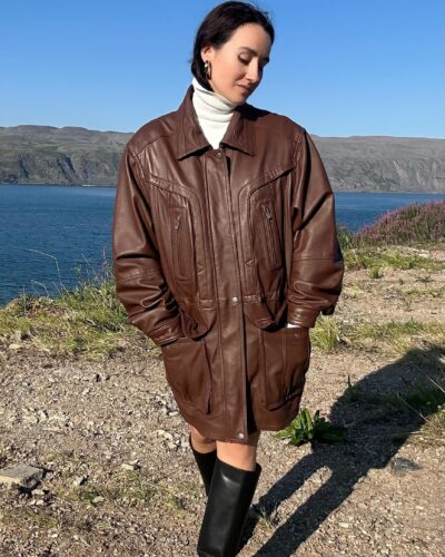 Unisex brown long leather jacket