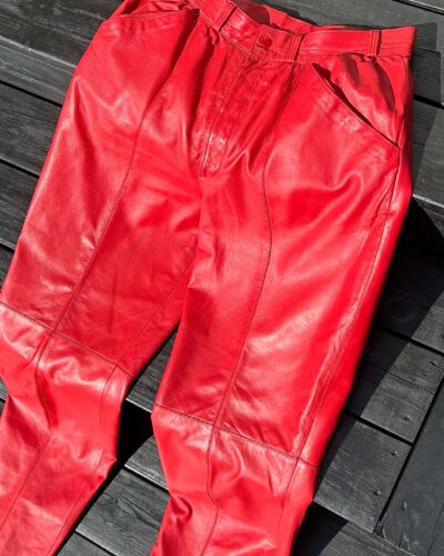 High waisted tomato red leather trousers