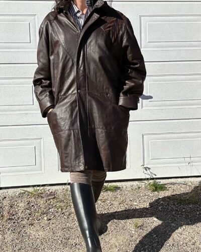Chocolate brown leather coat with hood