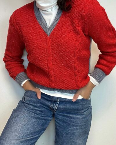 Hand-knitted apple red v-neck sweater
