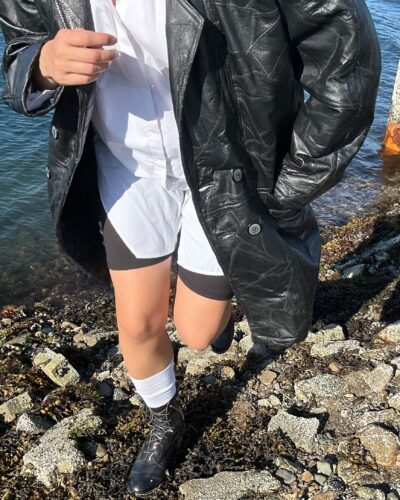 Patchwork double breasted thick leather jacket