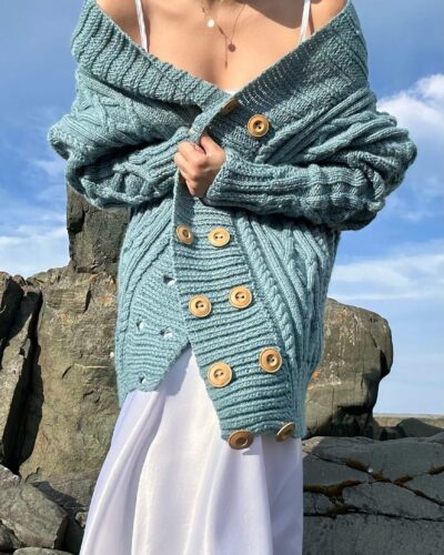 Chunky hand-knitted soft blue woolen cardigan