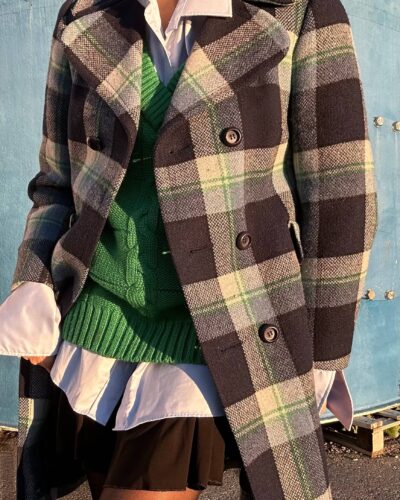 Woolen check double breasted coat