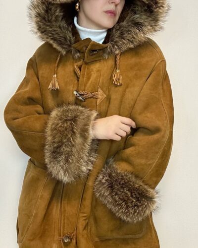Camel brown sheepskin winter coat with a hood