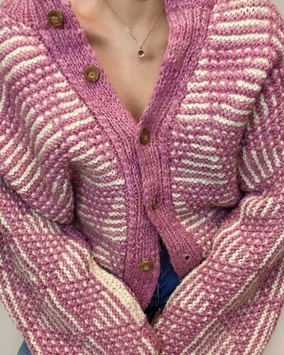Chunky hand-knitted powder pink cardigan