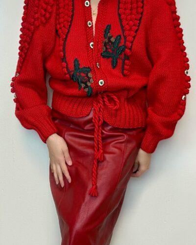 Statement hand-knitted tomato red woolen cardigan