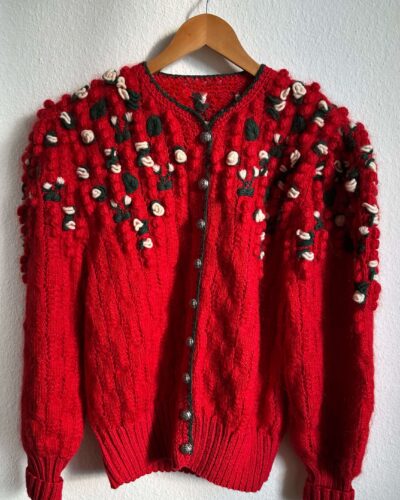 Rare tomato red hand-knitted heavy embroidered cardigan