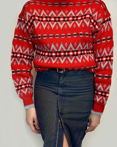 Hand-knitted red after ski sweater