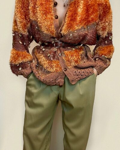 Burnt orange hand-knitted teddy bear cardigan