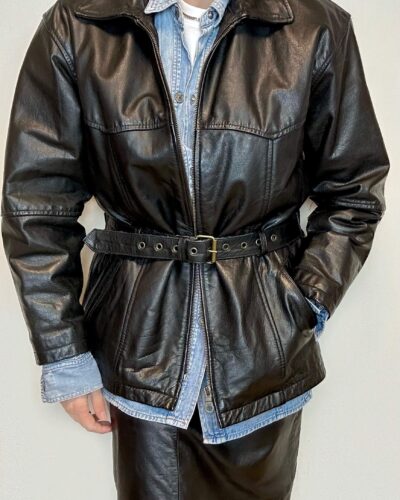 Thick leather biker jacket with a waist tie