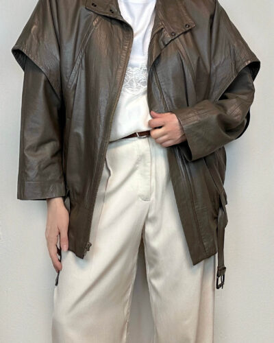 Taupe leather jacket with lowered shoulders