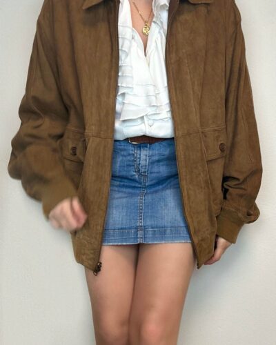 Brown masculine suede leather bomber jacket