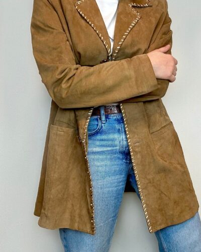 Long camel brown suede leather jacket