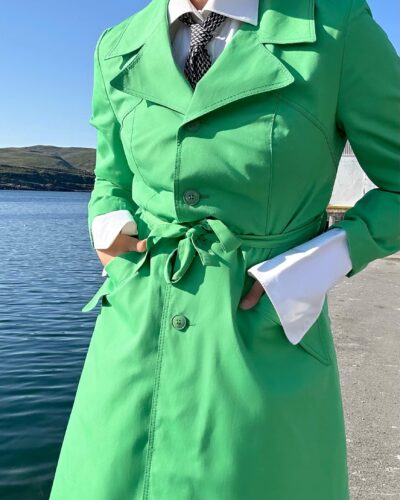 Statement green trench coat with a waist tie