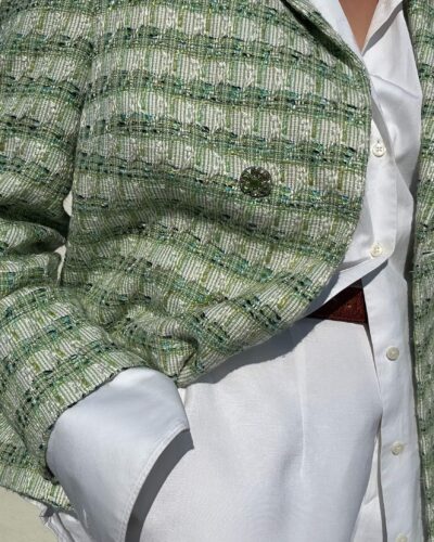 Light green striped jacket with emerald buttons