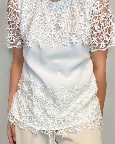 Off white heavy embroidered short sleeve blouse