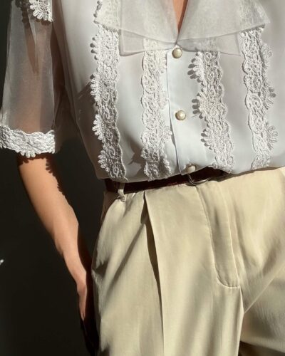 Romantic lace blouse with mesh transparent collar and sleeves