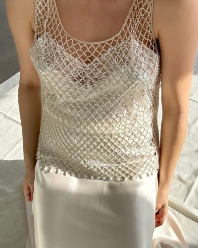 Beaded sand beige fishnet top