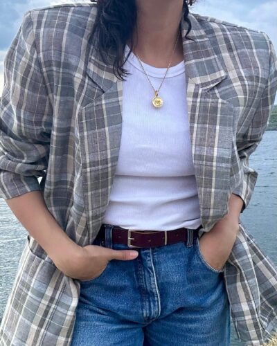 Linen summer check blazer in earth tones