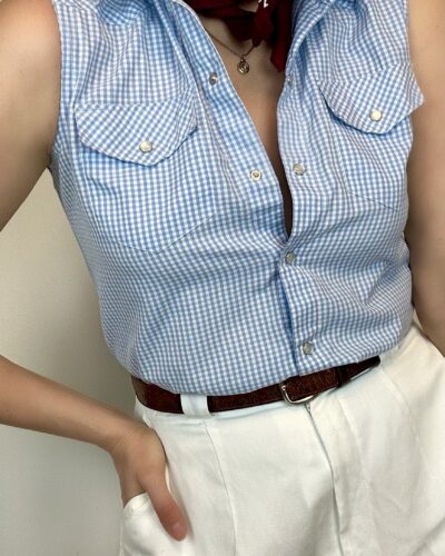 Camper gingham sleeveless sky blue blouse