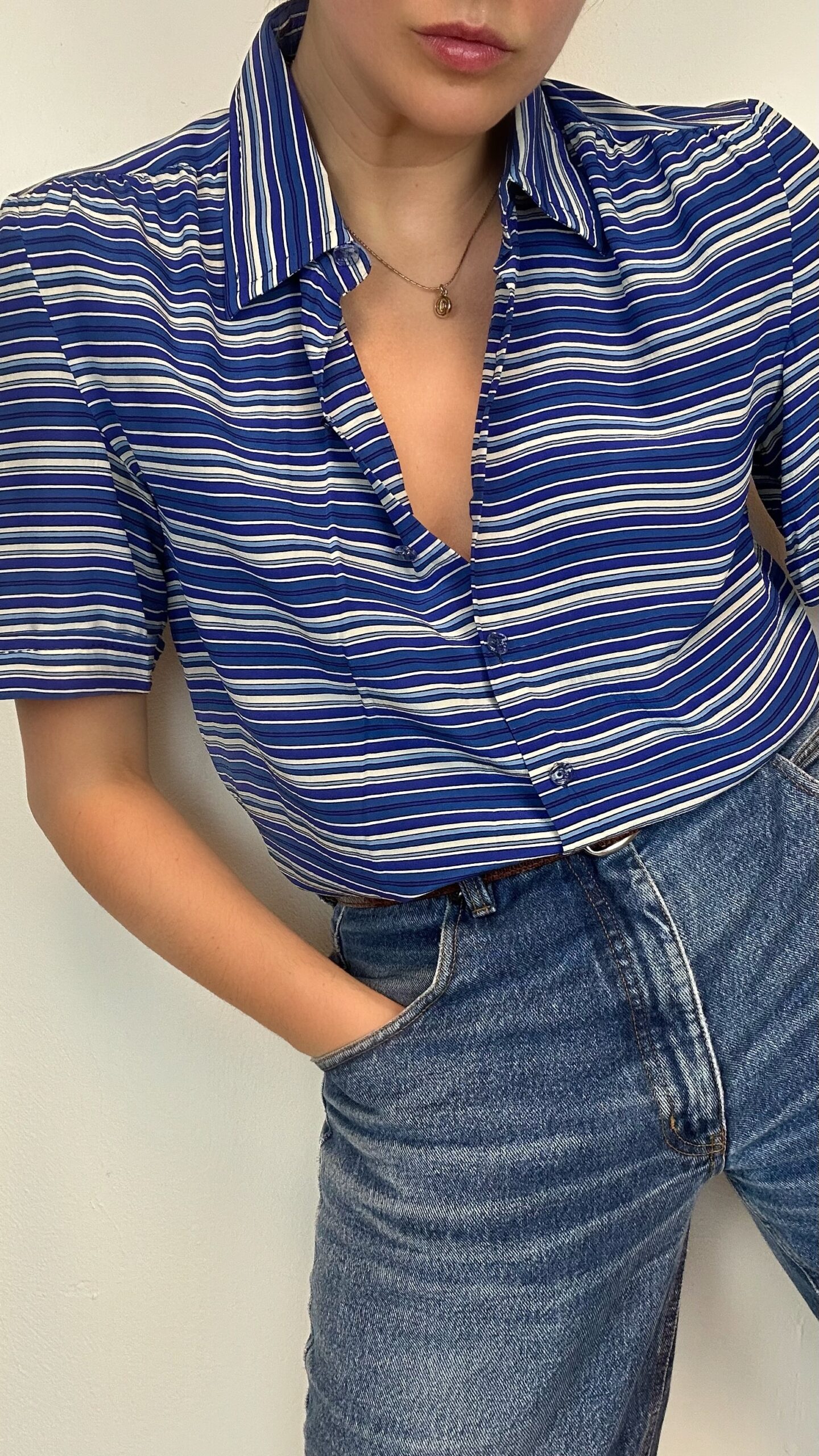 Silk striped deep sea blue blouse