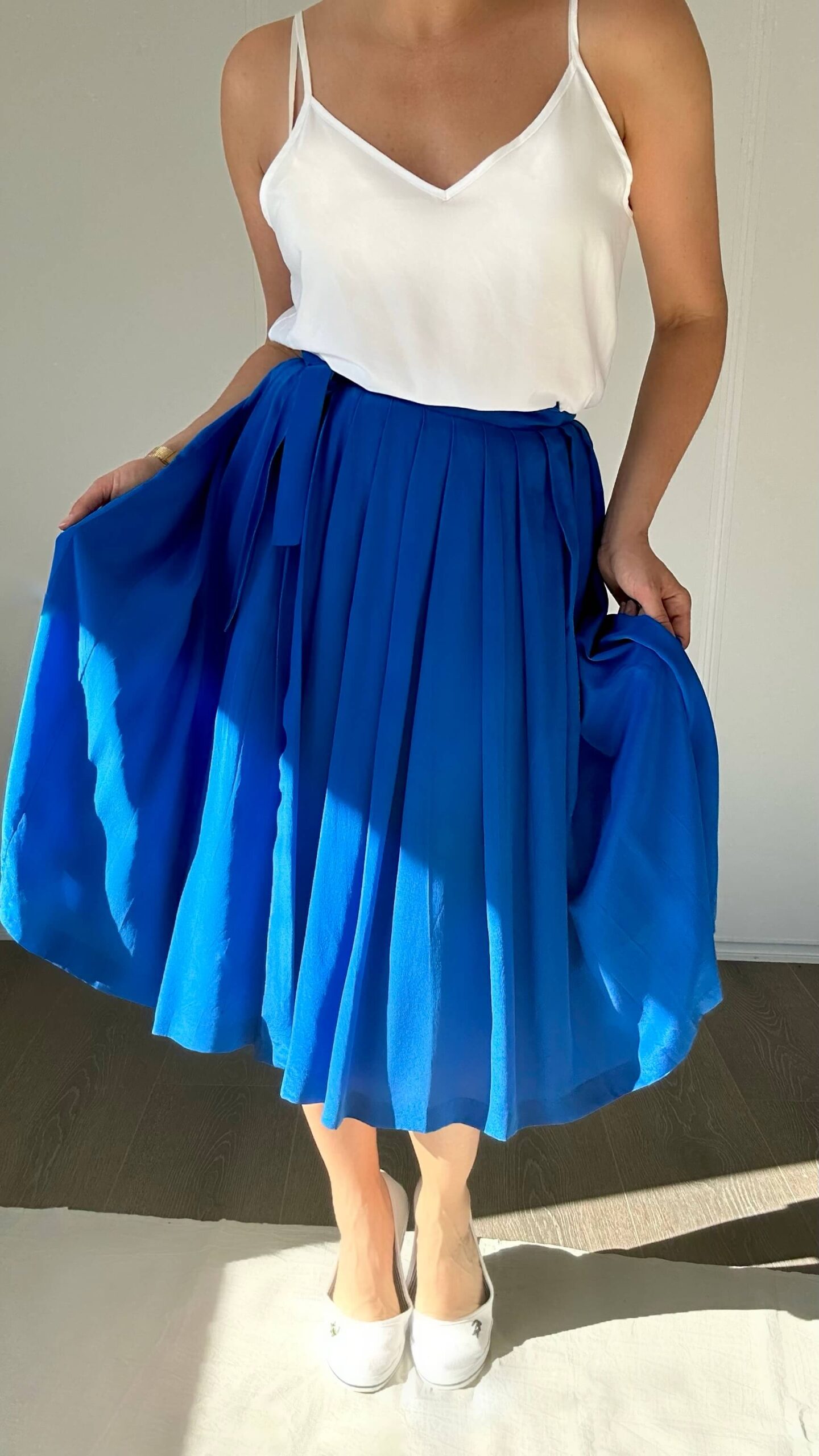Silk wrap pleated azure blue skirt