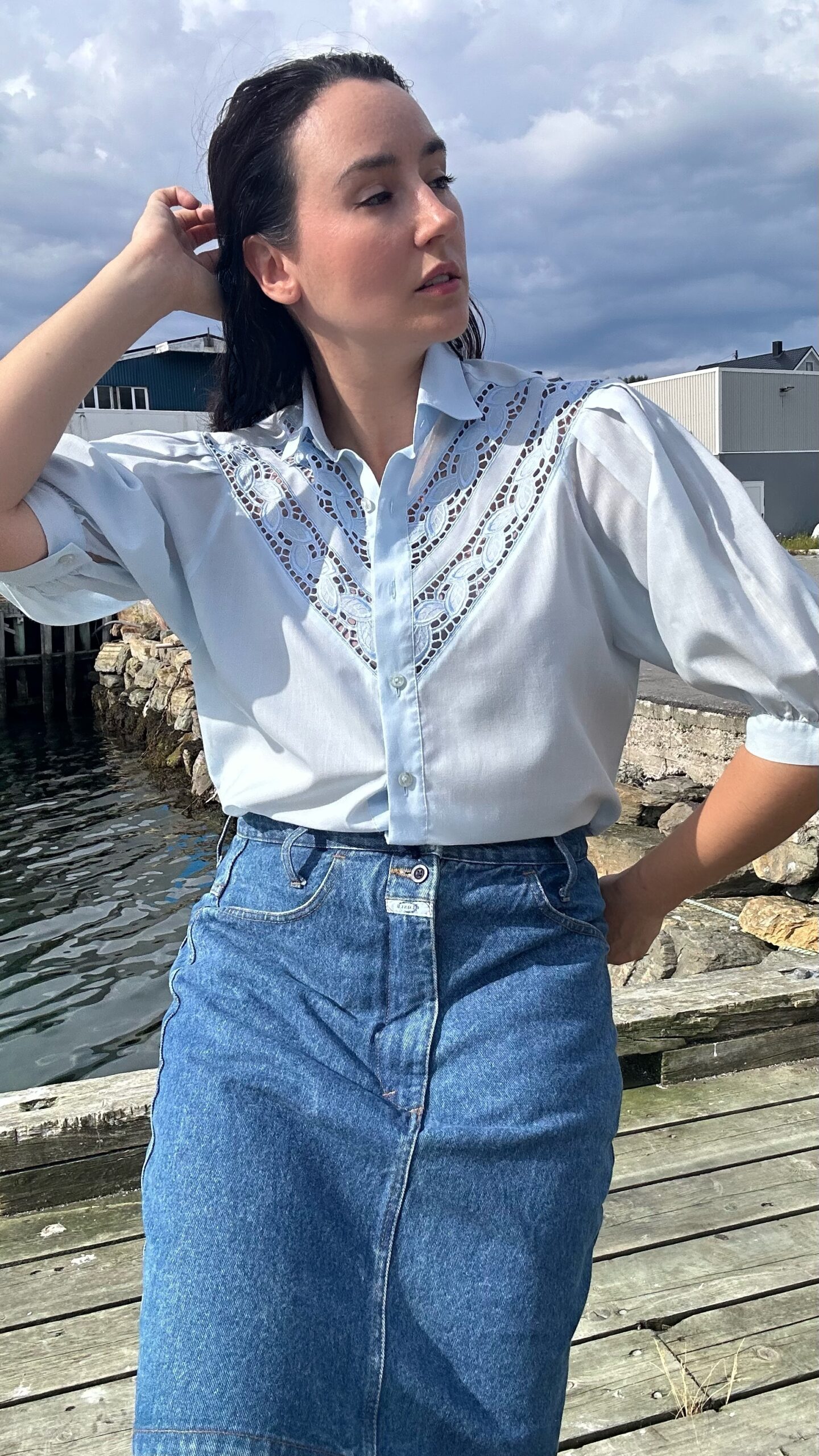 Romantic sky blue embroidered blouse