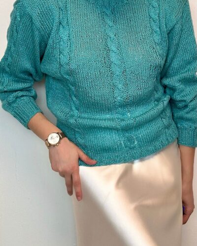 Hand-knitted teal round neck sweater