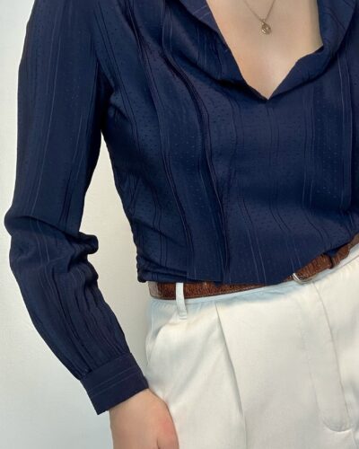 Silk blended midnight blue v-neck blouse