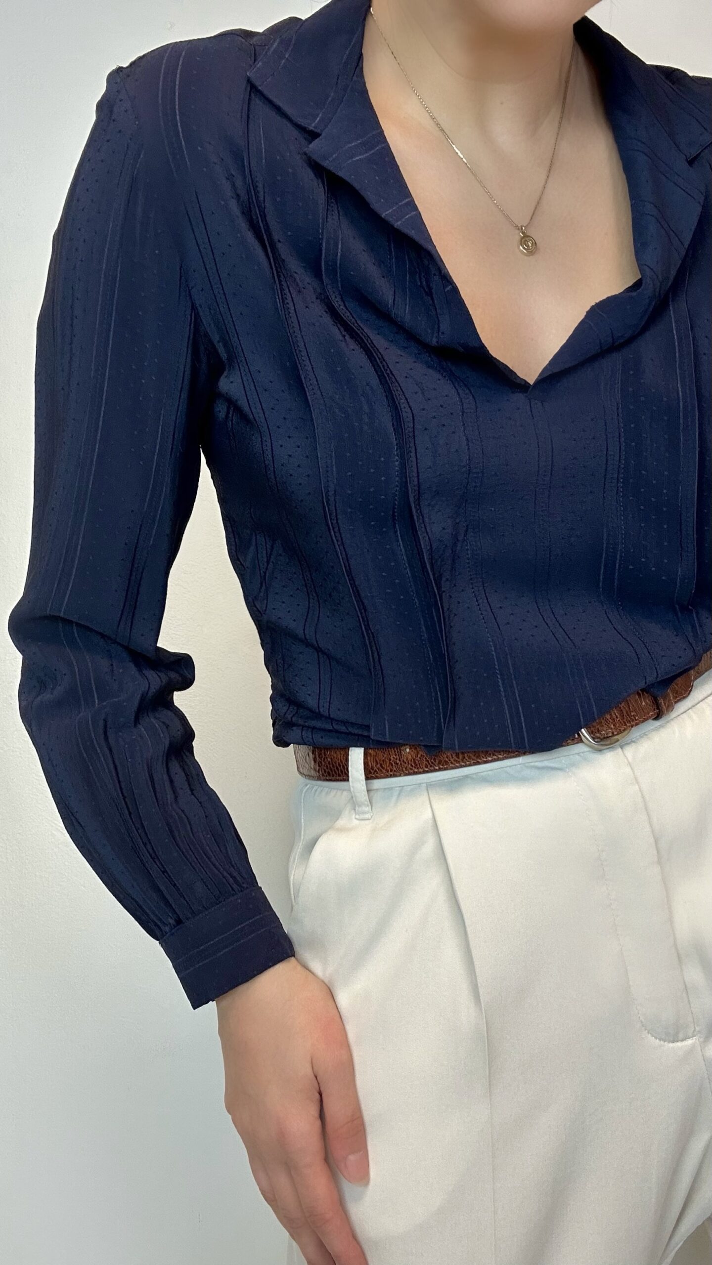 Silk blended midnight blue v-neck blouse
