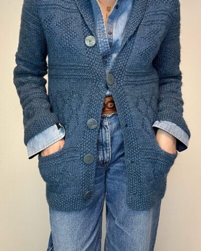 Hand-knitted marine blue woolen cardigan