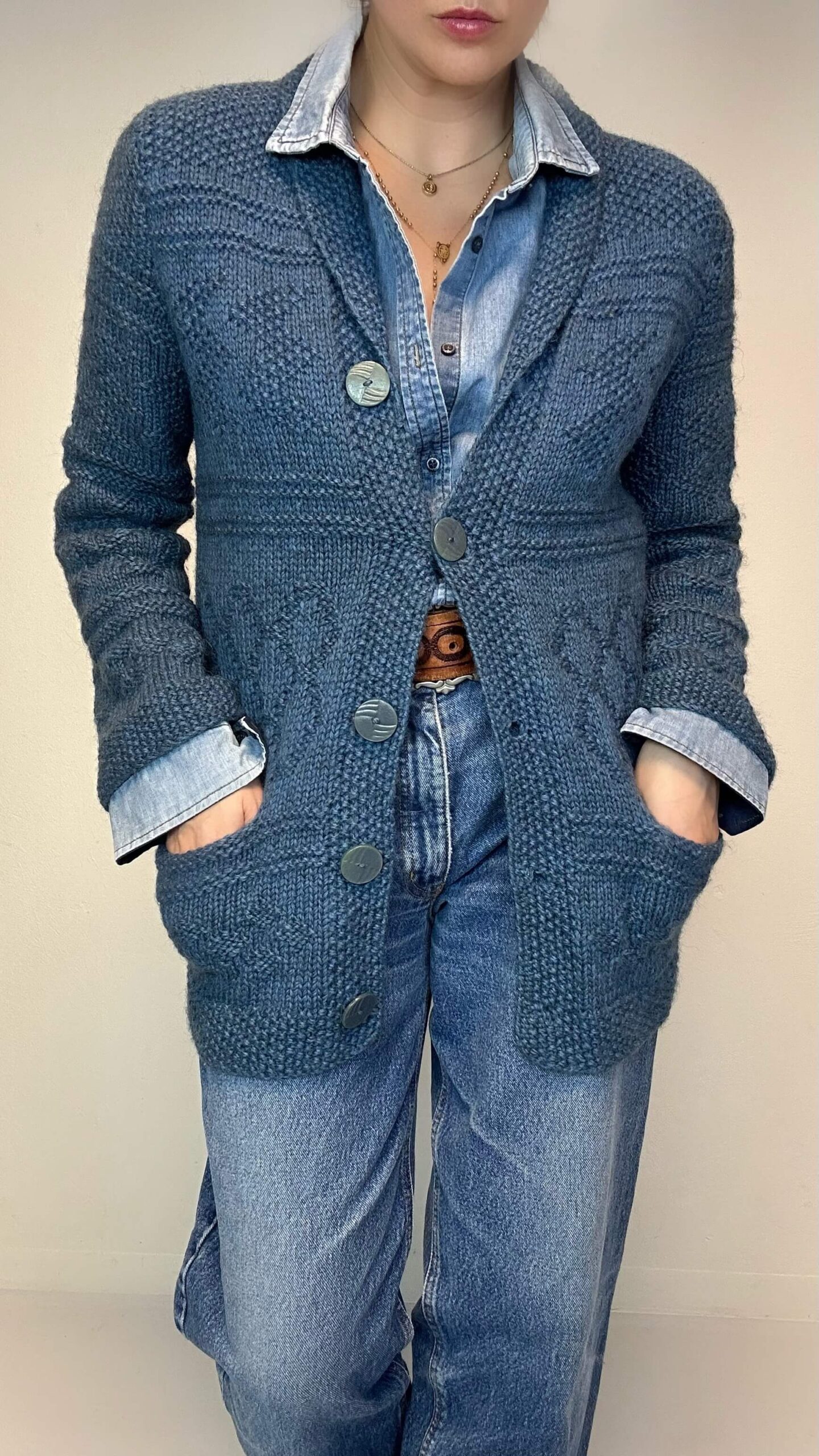 Hand-knitted marine blue woolen cardigan