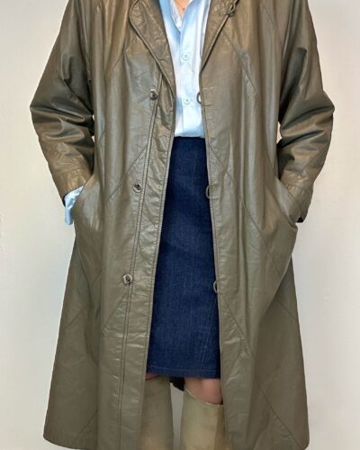 Olive brown long leather coat