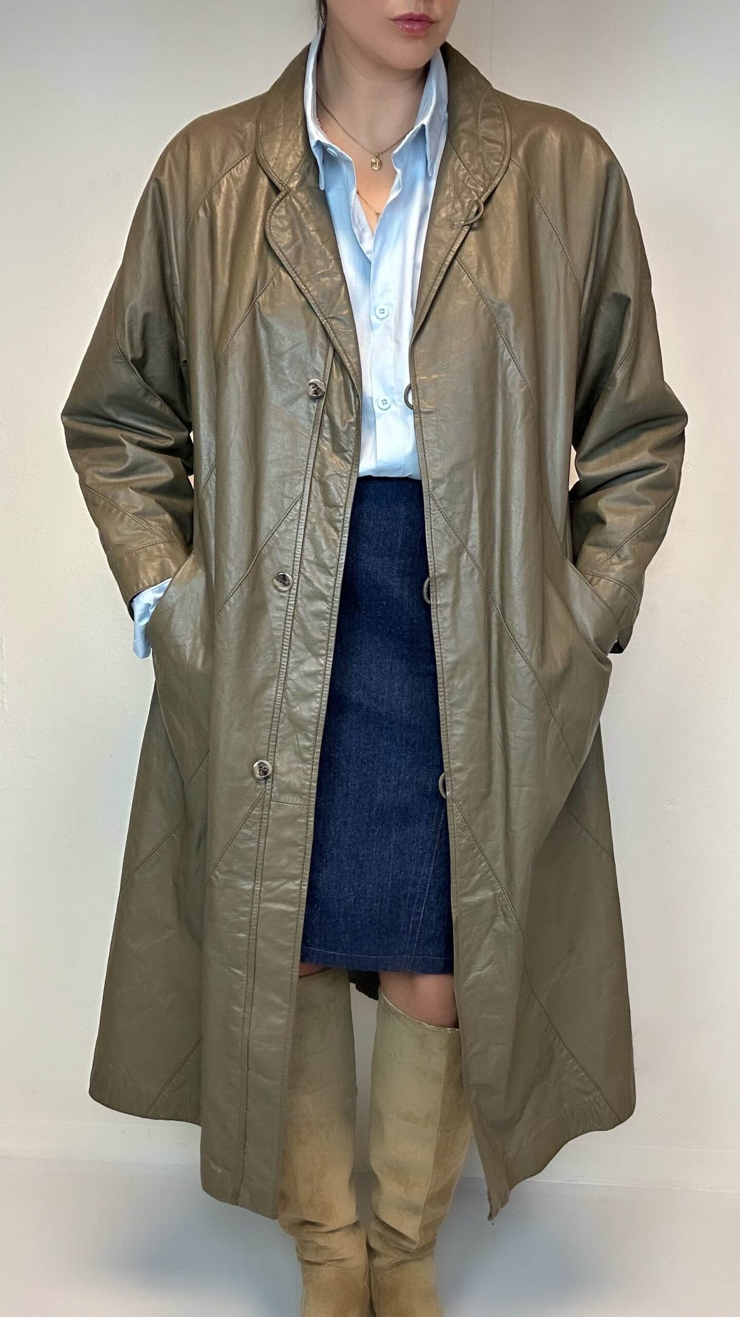 Olive brown long leather coat