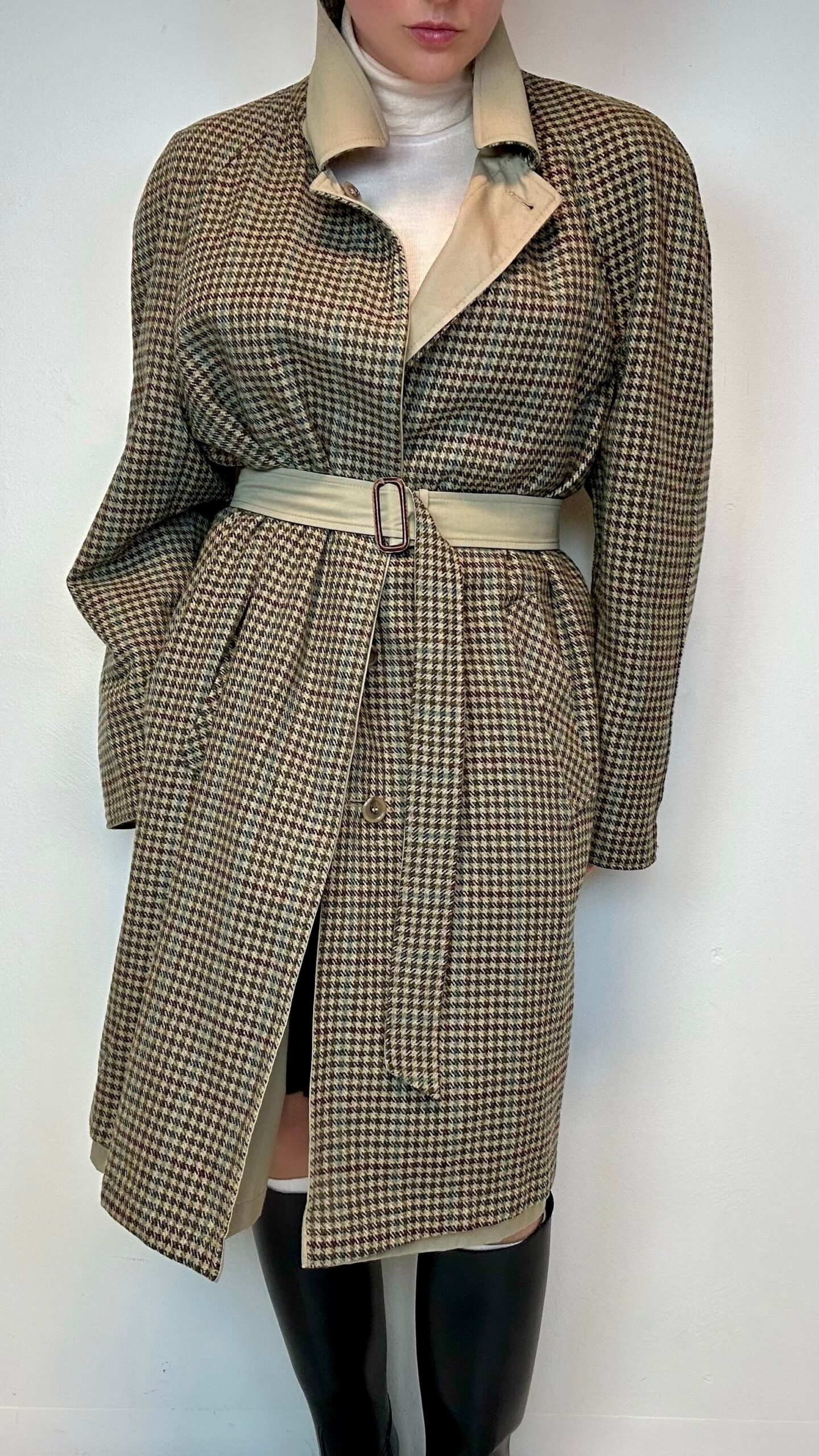 Rare woolen double-sided houndstooth trench-coat
