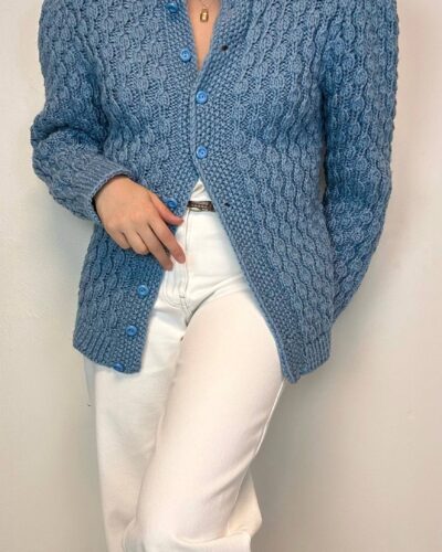 Hand-knitted sky blue chunky woolen cardigan