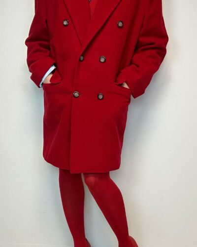 Red woolen coat with bold shoulders