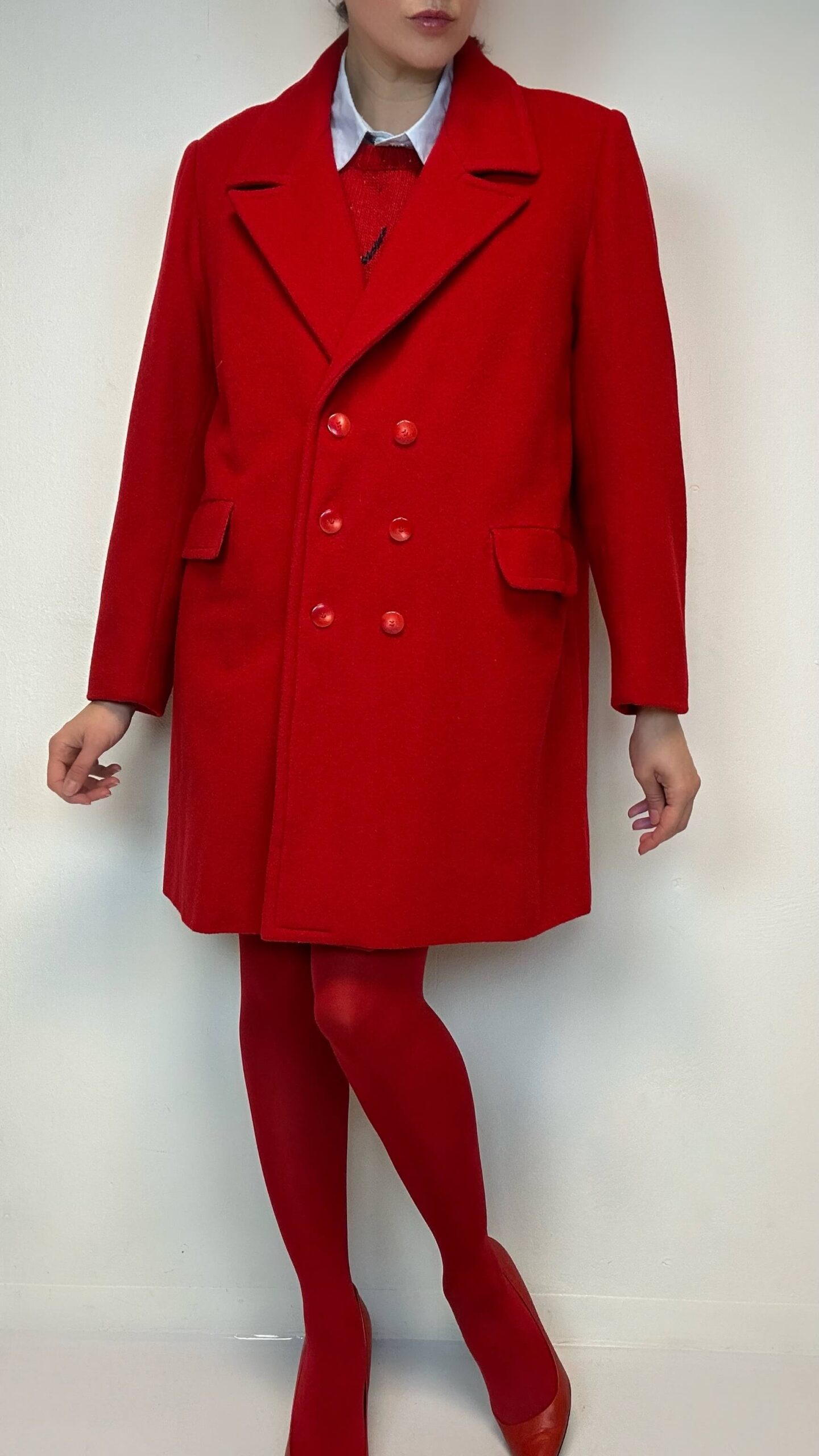 Fire red double-breasted woolen coat