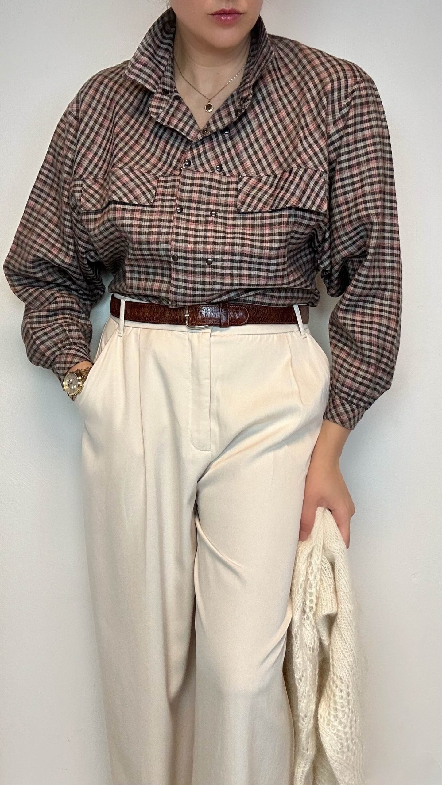 Italian check thick long sleeve blouse