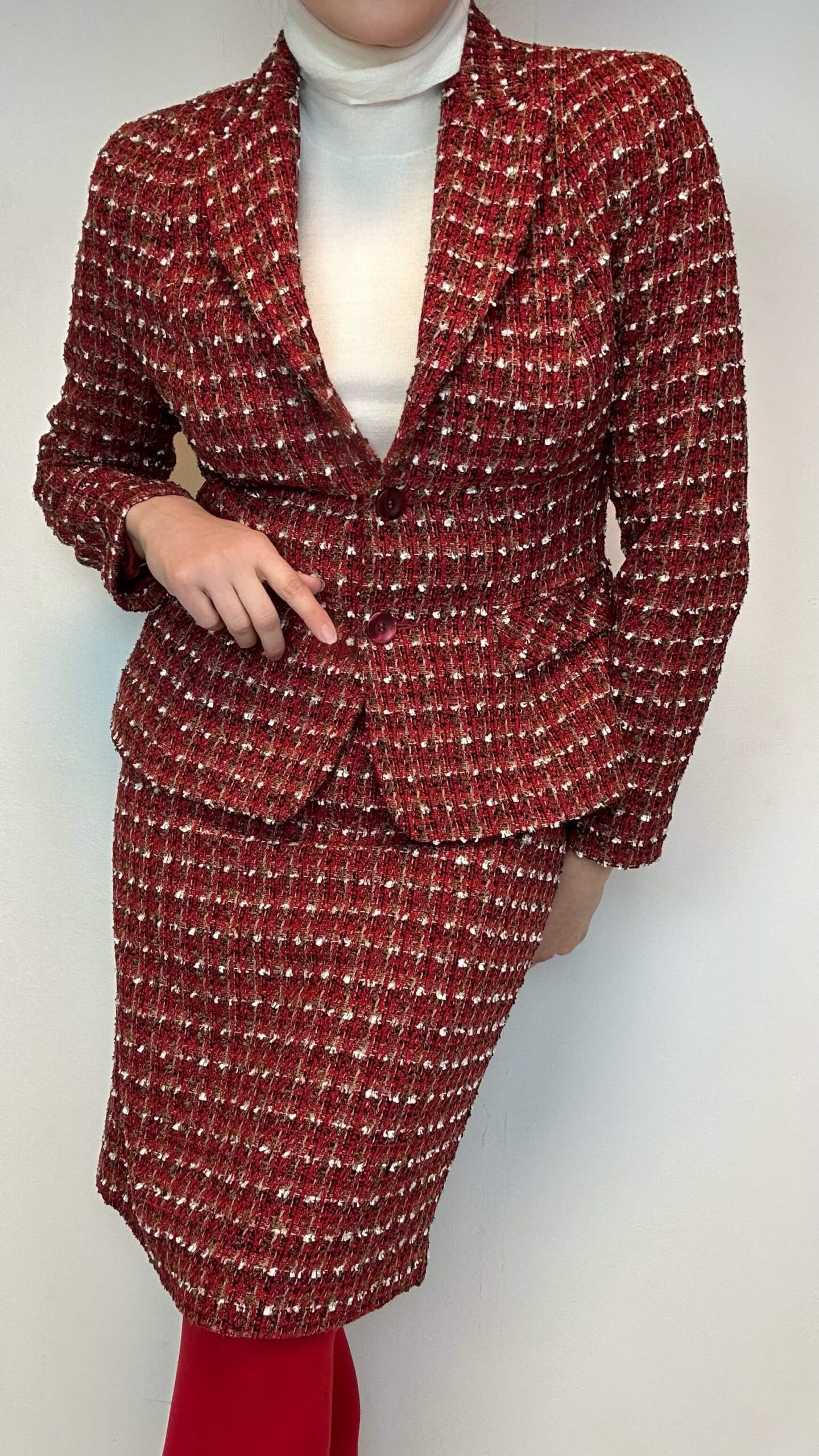 Cranberry red woolen office set of blazer and skirt - Image 3
