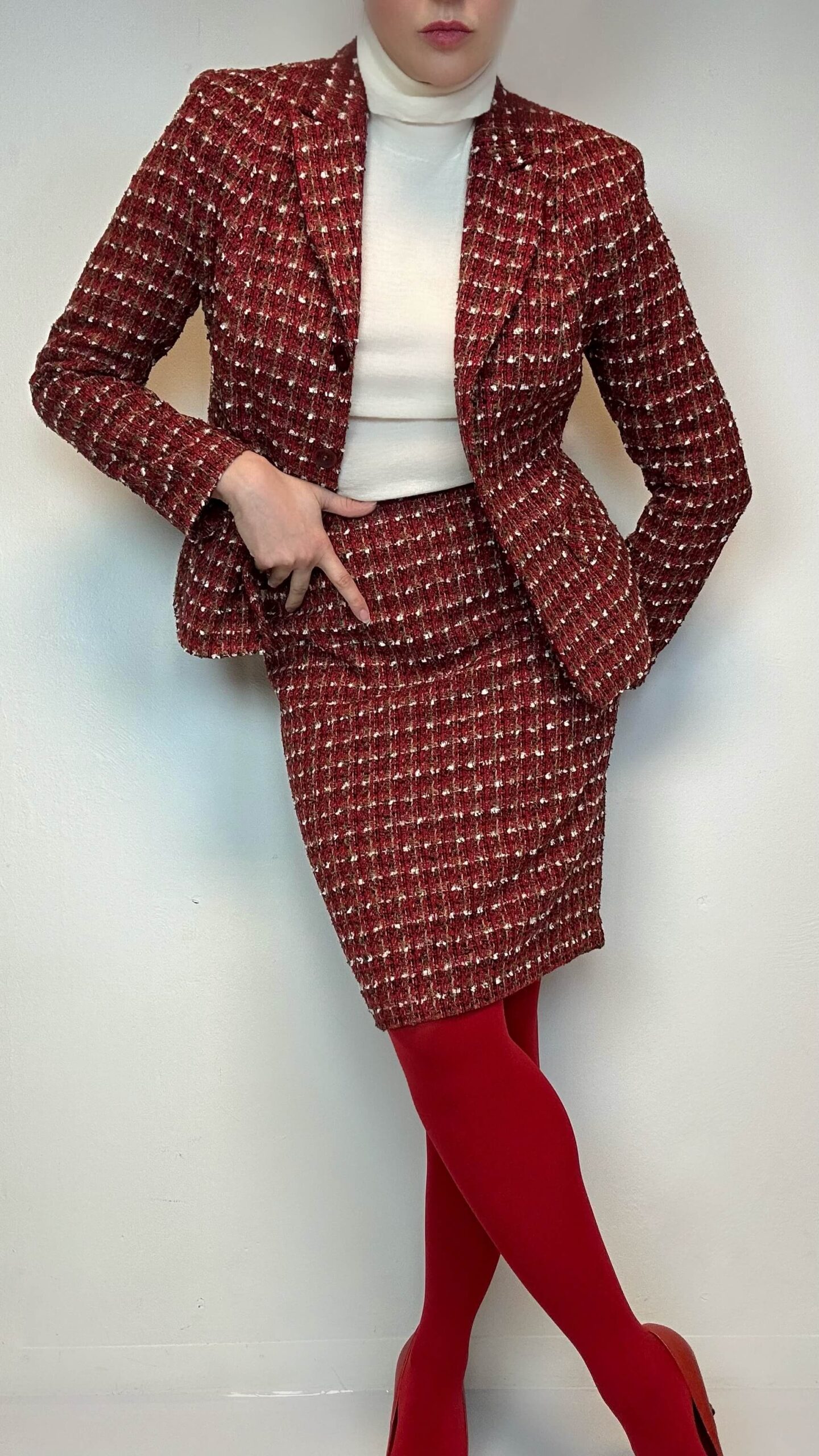 Cranberry red woolen office set of blazer and skirt - Image 7