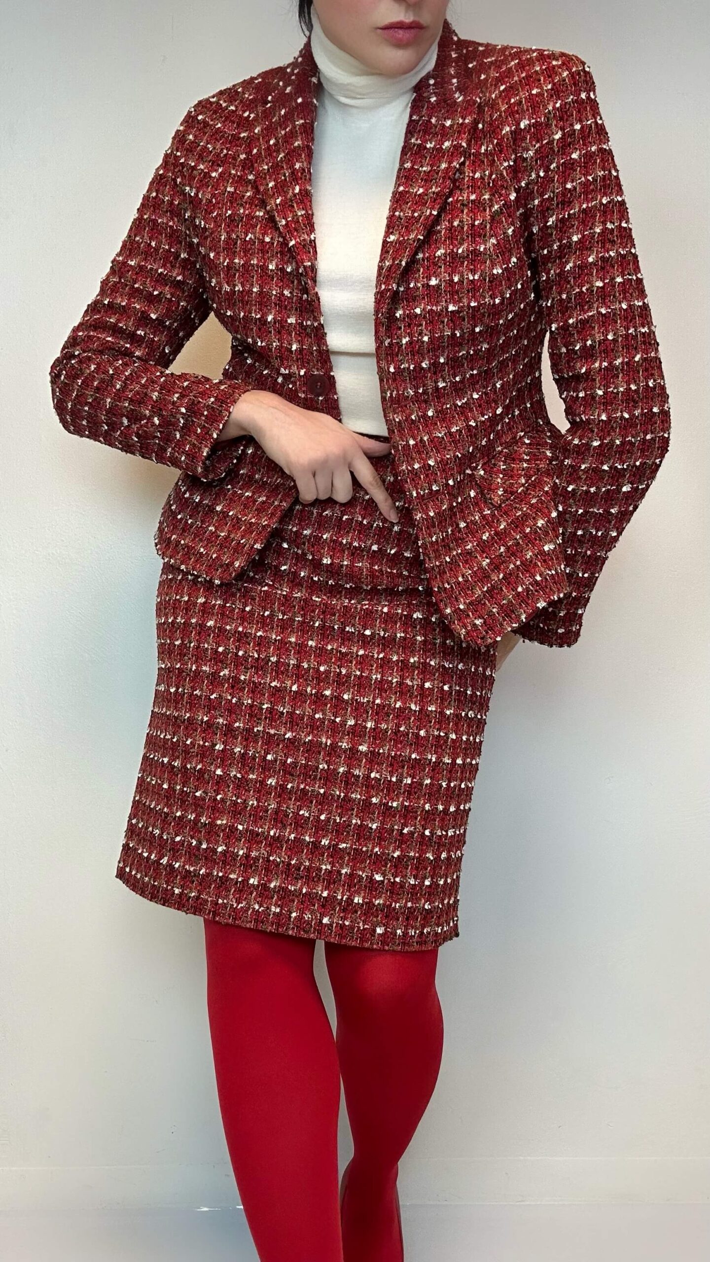 Cranberry red woolen office set of blazer and skirt