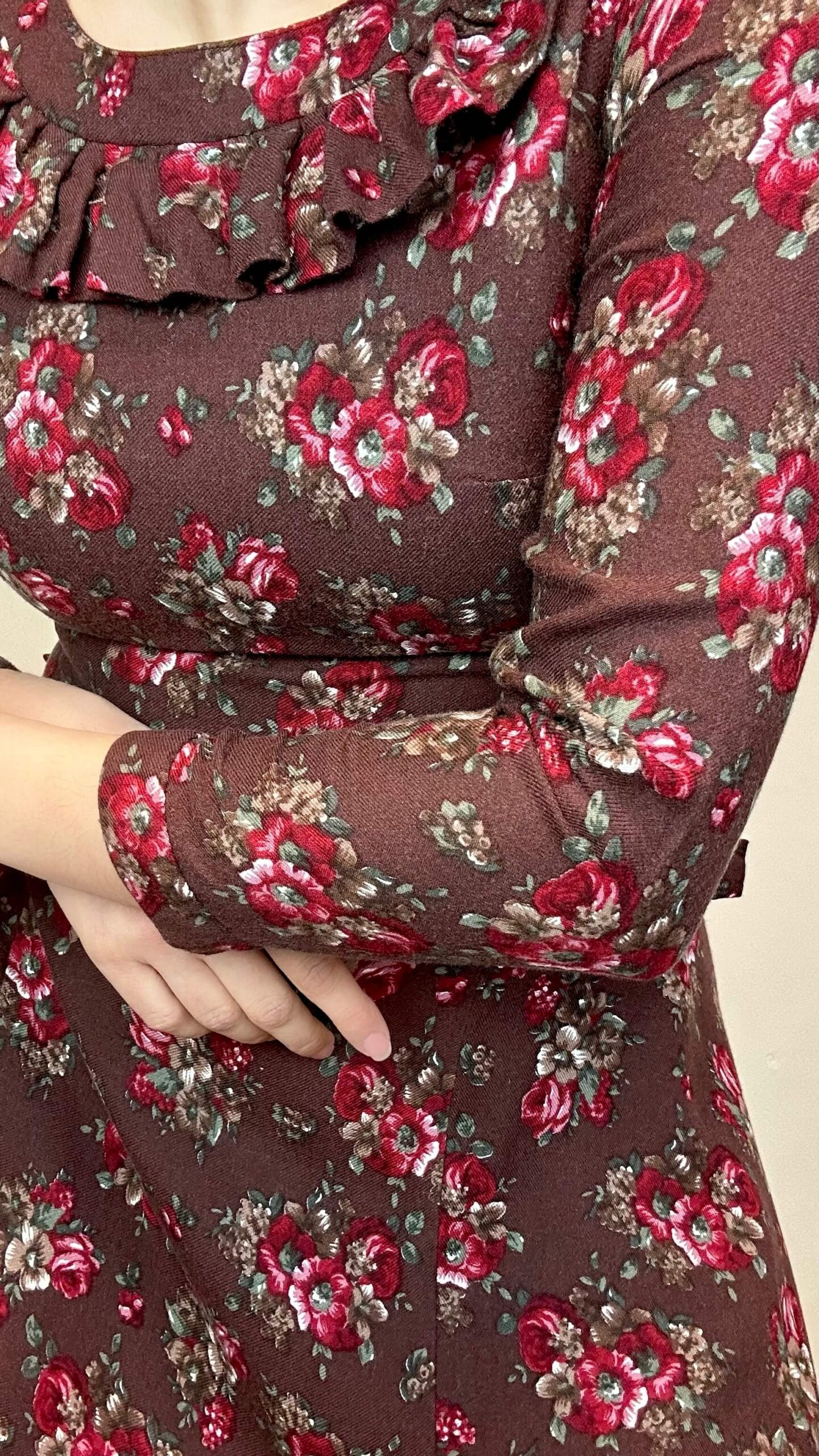 Wool blended chocolate brown dress with garden roses print - Image 2