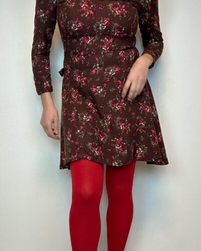 Wool blended chocolate brown dress with garden roses print