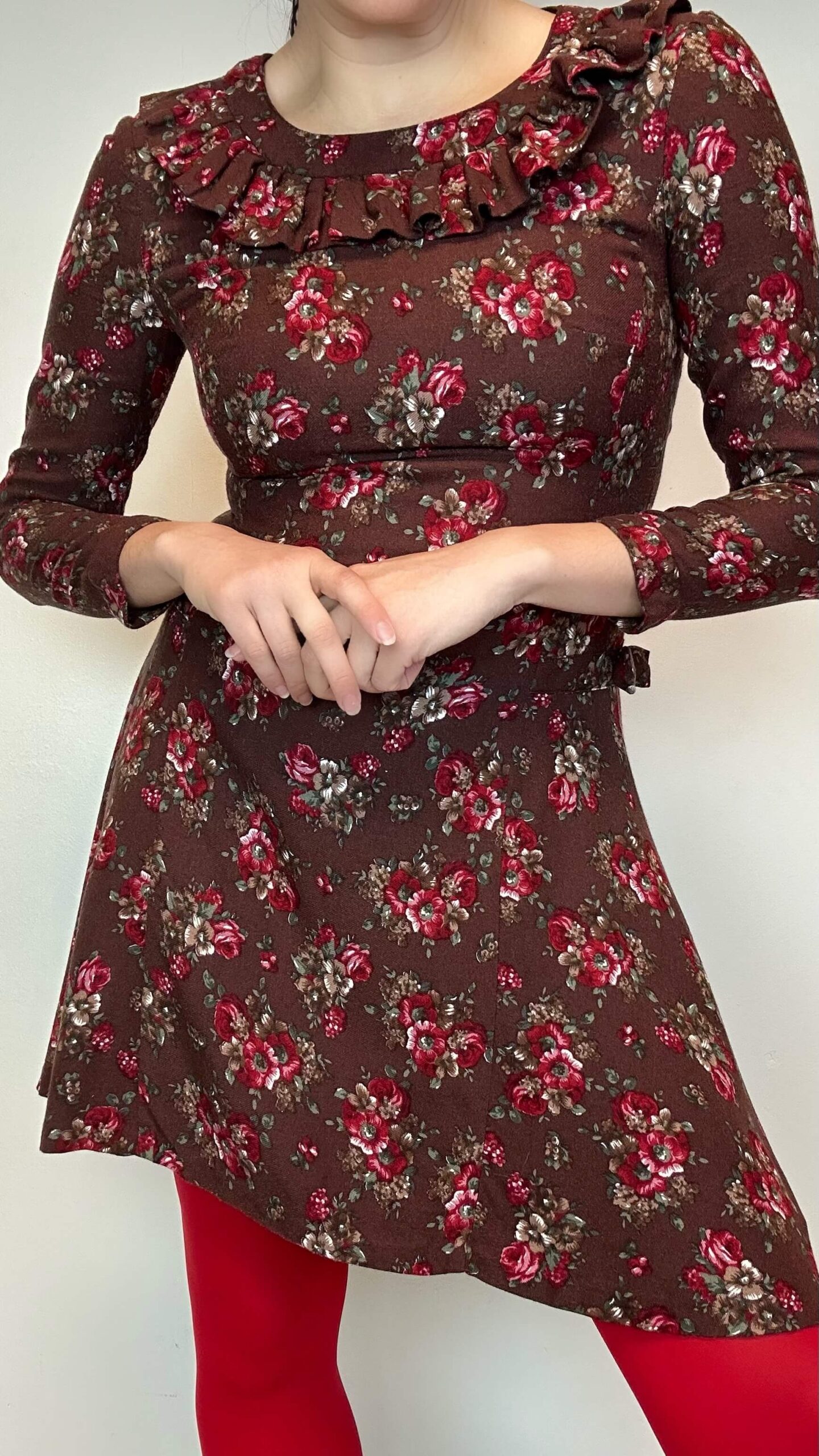 Wool blended chocolate brown dress with garden roses print - Image 5