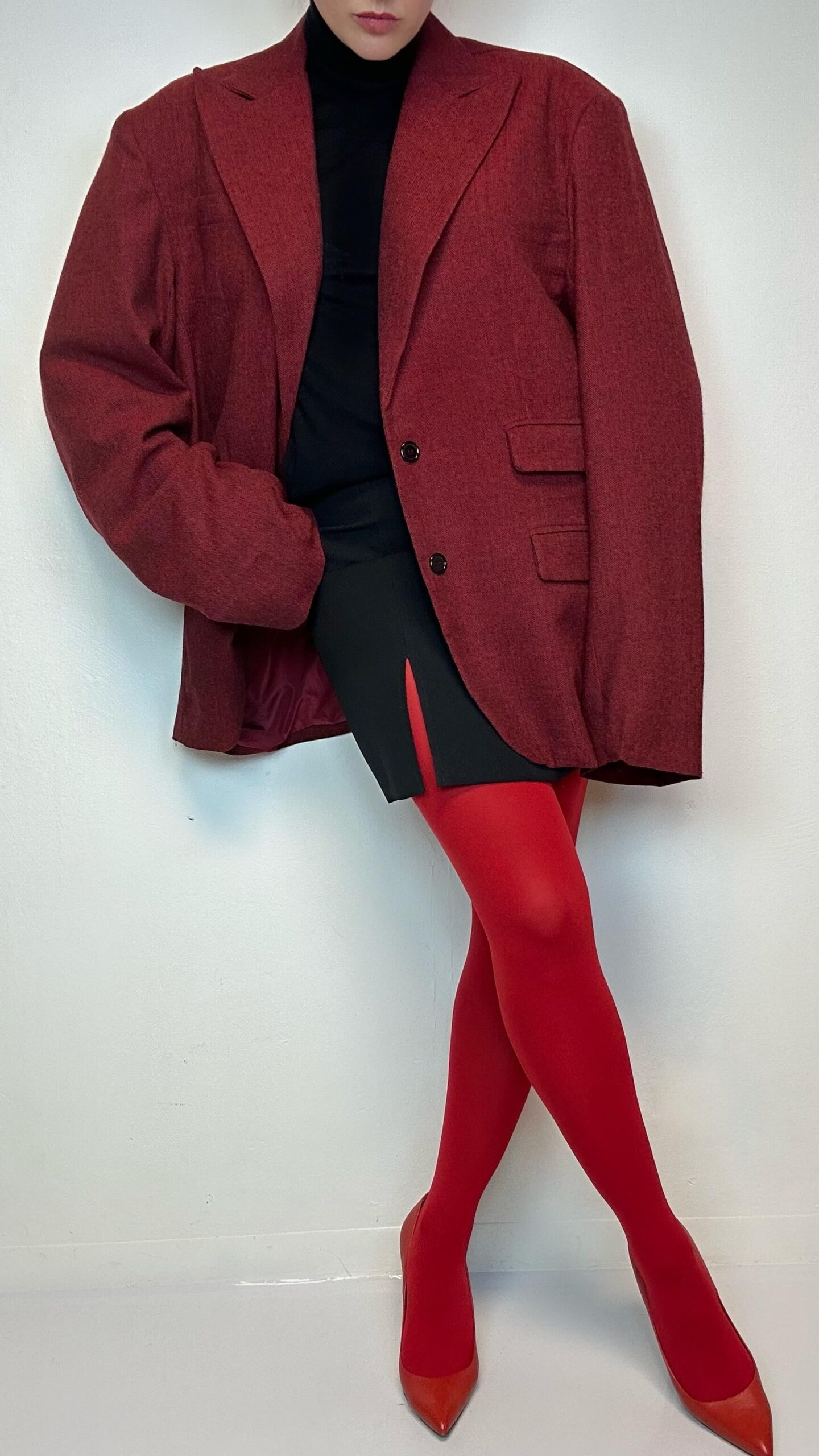 Herringbone ruby red woolen unisex blazer