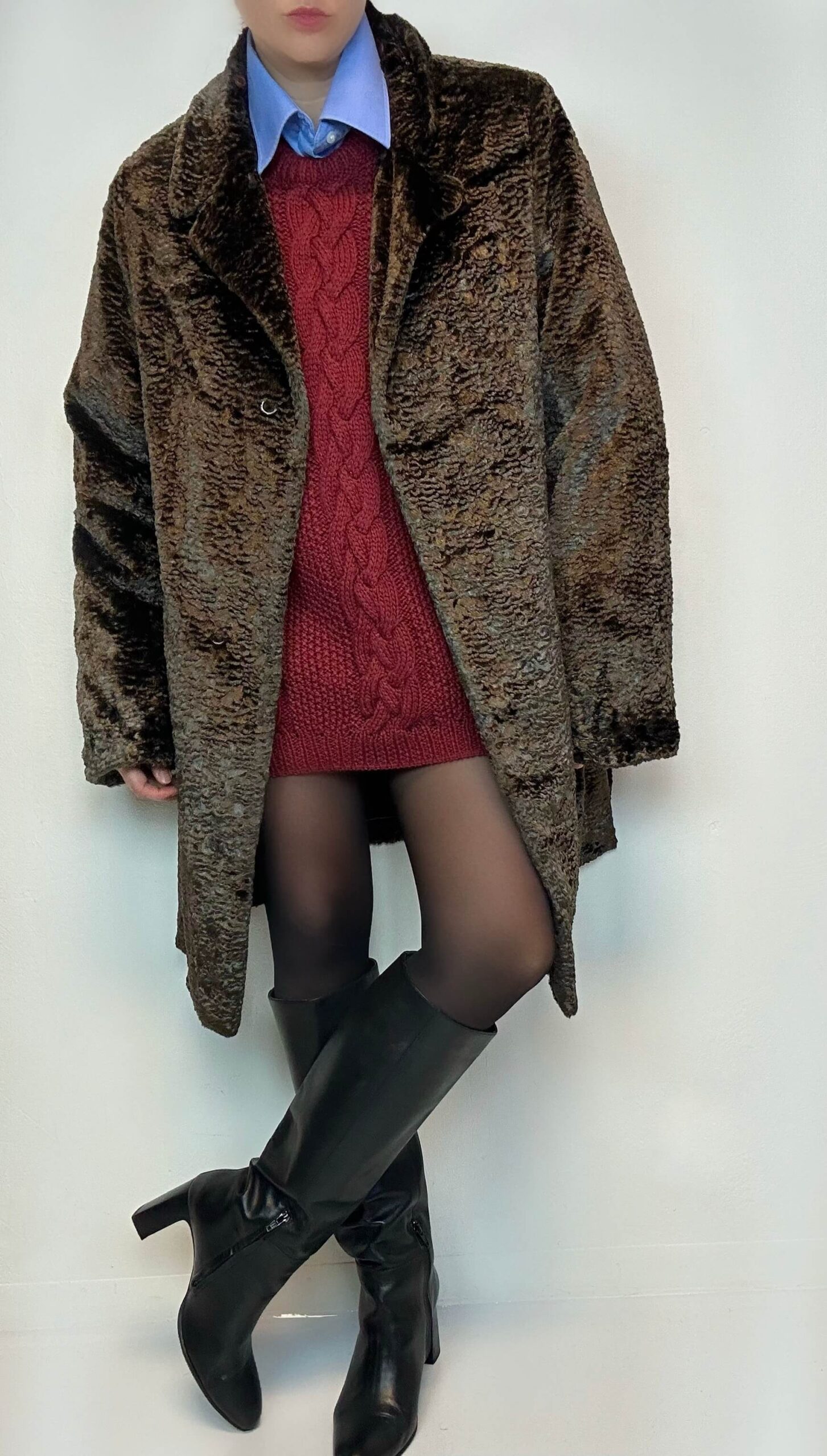 Chocolate brown faux fur mid-season coat