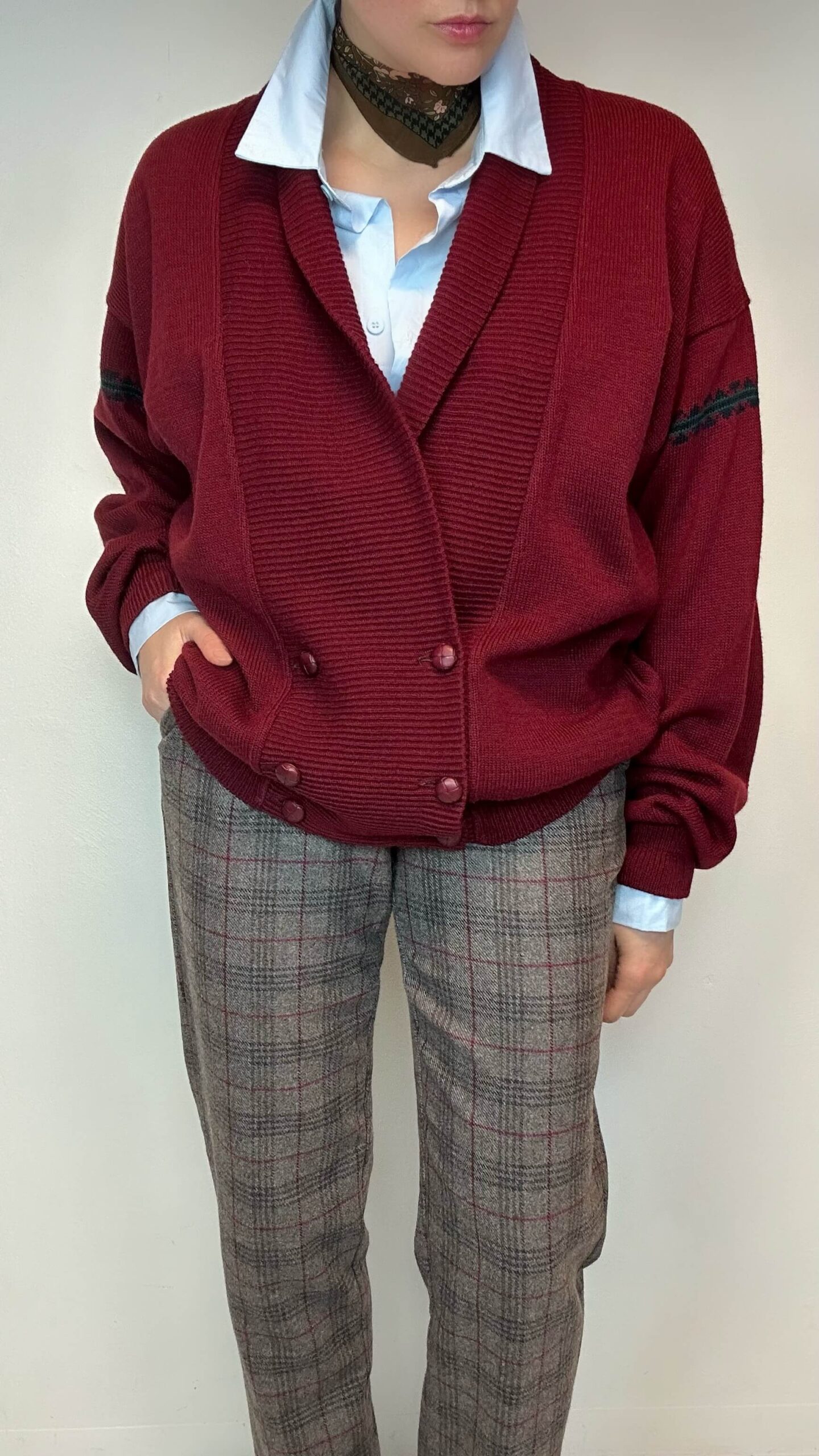 Burgundy red boyfriend cardigan with a deep v-neck