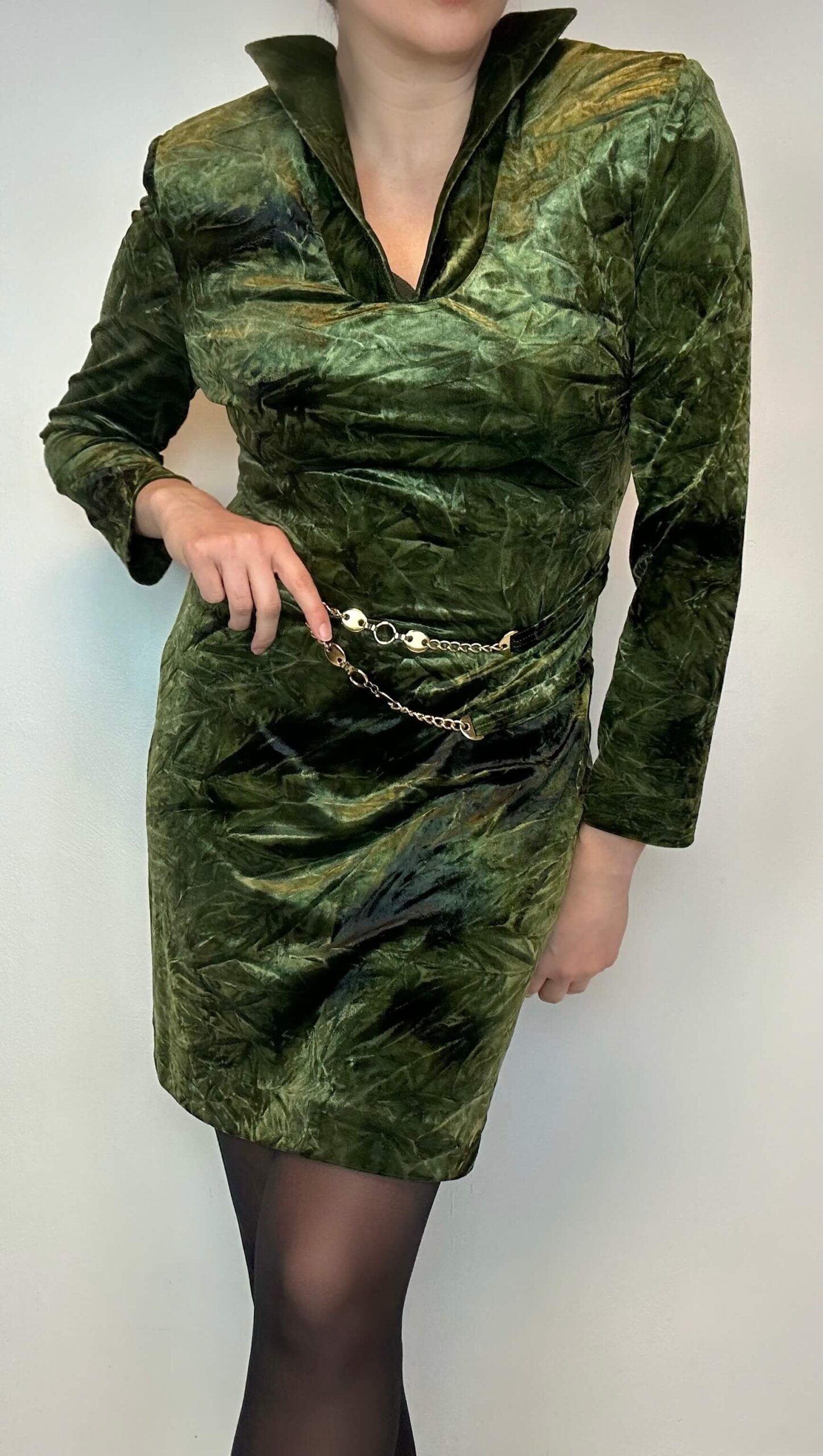 JOSEPH RIBKOFF bodycon olive green dress with a golden belt